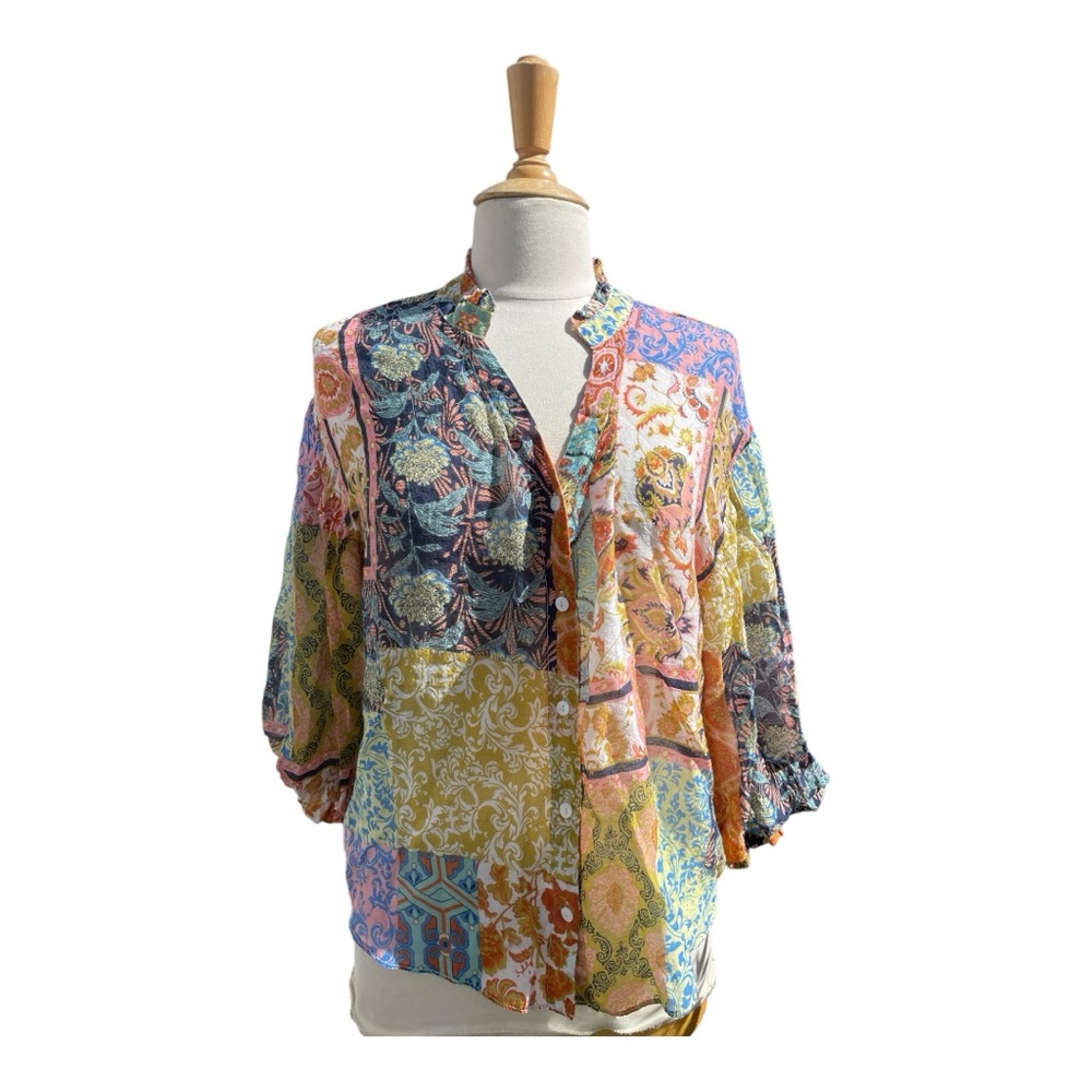 Fate Patchwork Balloon Sleeve Boho Blouse Size Me… - image 1